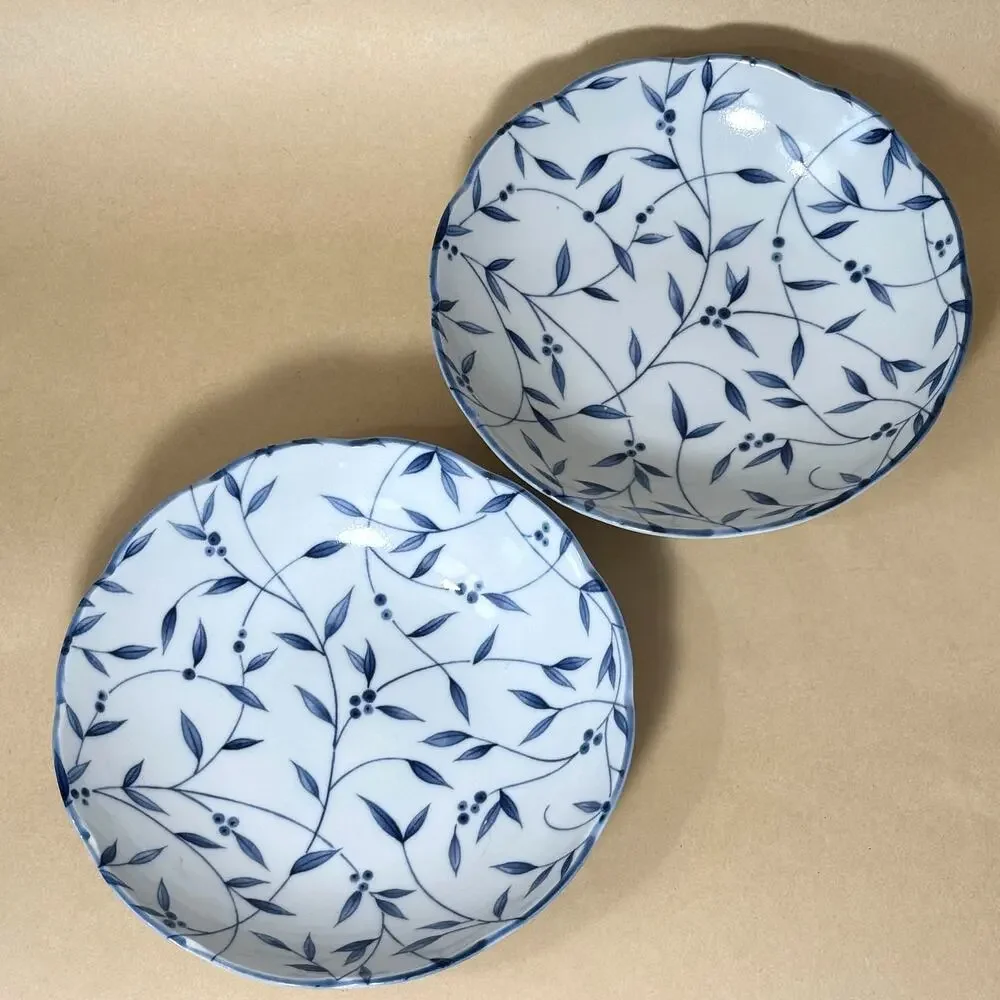 Vintage Japanese Blue and White Porcelain Floral Vine Bowls, Marked (Set of 2)